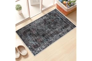 Taleta KALU Door Mats Indoor Washable Small Rug Black Non-slip Thin Doormats Inside for Entryway Soft Entrance Rugs Vintage Short Pile Floor Mat for Hallway Bedroom (Black, 50 x 80 cm)