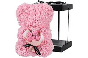 NWSX Rosenbär - Rose Teddybär auf jedem Rosenbären - Blumenbär Perfekt für Jubiläen, Mütter - Klare Geschenkbox inklusive! 10 Zoll groß (Rosa)
