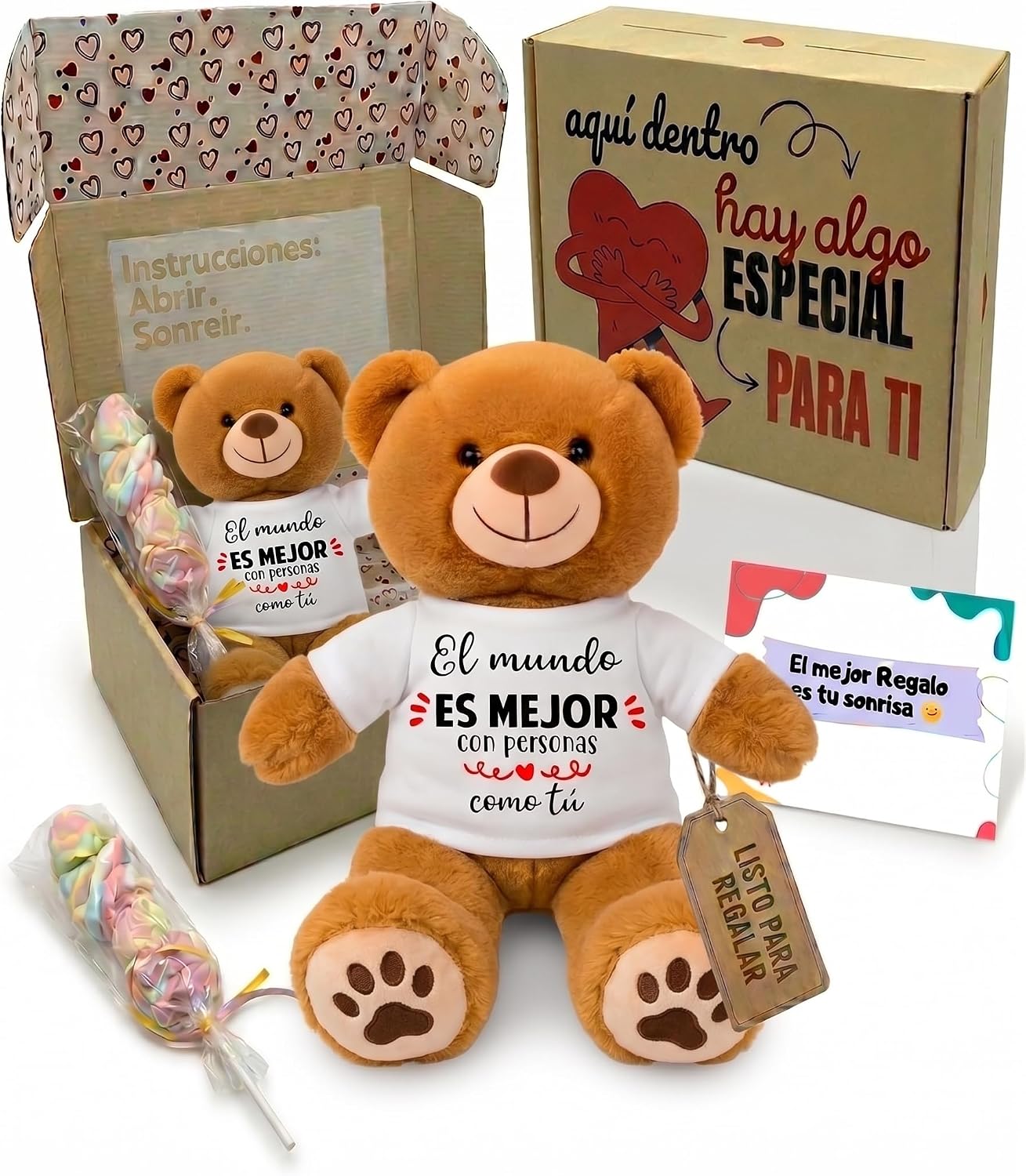 Peluchilandia Regalos Originales para Mujer y Amigas - Osito de Peluche con Mensaje Corazón en Caja Regalo - Detalle para Cumpleaños, Enamorados o Día de la Madre (MARRÓN)