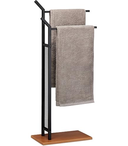 Porte-serviettes Sur Pied En Métal Noir - Design Moderne 3 Barreaux 84x42x19 Cm | Rangement Salle De Bain Sans Perçage