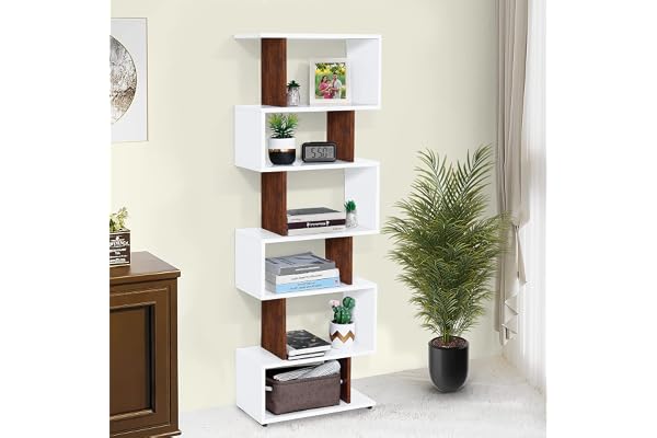 ABOUT SPACE Book Shelf - 5 ft 6 Tier Versatile Book Stand for Home Library Modern Slim S-Shaped Feet Open Display Rack with Unique S Design for Bedroom, Living Room, Engineered Wood - White & Oak Red