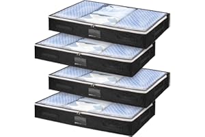 wsryx 4 Pack Große Unterbett Aufbewahrungstasche mit Reißverschluss, Faltbare Flache Stoff Kunststoff Unterbett Aufbewahrungsboxen Organizer mit Deckel für Kleidung, Schuhe, Bettwäsche (Schwarz)