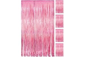 PVEGOS 4PCs 3.3 x 8.3 ft Laser Pink Glitter Tinsel Curtains Foil Curtain Backdrop.Laser Luminescent Particles Foil Fun Fringe Streamers for Party Birthday Decoration,Engagement,School Events