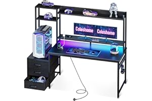Coleshome Escritorio Gaming con Estanteria y Cajones, Mesa Gaming con Iluminación LED & Toma de Corriente, Escritorios para PC con Repisas de Almacenamiento (Negro Fibra de Carbono, 137×48 cm)
