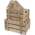 BELLE VOUS Wooden Storage Crates with Handles (Set of 3) - Rustic Small, Medium & Large Size Decorative Wood Crate - Natural Unfinished Home Basket Display Box