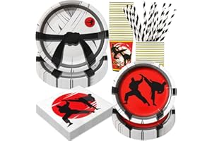 BOIKOKY Karate Geburtstagsparty Dekorationen, 120 Stück Karate Themen Partygeschirr Einweg Und Dynamisch Inklusive Pappteller, Servietten, Becher und Strohhalme | für 24