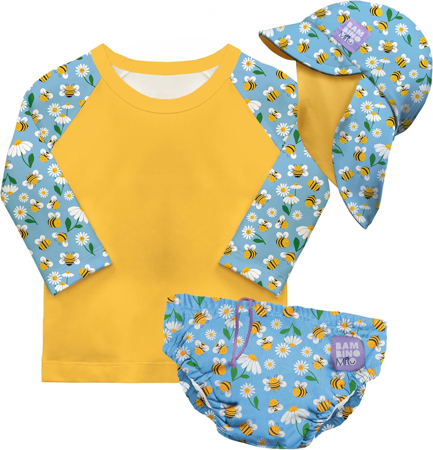 Bambino Mio Conjunto de pañales de natación reutilizables para bebé y niño pequeño unisex (1-2 años) ABEJAS ATAREADAS, protección UPF 40+ | pañales de baño, camiseta y gorro de baño