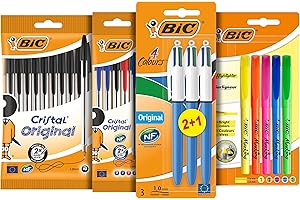 BIC Kit Les Essentiels , 3 Stylos 4 Couleurs, 5 Highlighter Surligneurs, 14 Cristal Original Stylos-Bille, Lot de 22 produits