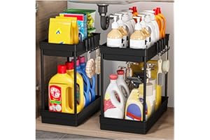 TidyTrove 2 Paquete Organizador Bajo Fregadero - Organizador Cocina 2 Niveles para Debajo del Fregadero,Organizador Baño con 8 Ganchos,Negro