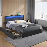 Vasagle Double Bed Frame, 16 x 200 cm, 4 Drawers, Metal, LED | Slat Base, Charging Station, Adjustable Padded Headboard, Slat