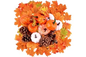 WXJ13 112 Pcs Fall Artificial Pumpkins Decoration Set, Thanksgiving Harvest Pumpkins Halloween Mini Fake Pumpkins Pine Cones Maple Leaves Acorns Decor Set for Autumn Wedding, Festival Party