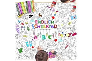 DPKOW Einschulung Kinder Ausmaltischdecke Papier Tischdecke Ausmalen Schultüte ABC 123 Schulbus Tiere Motiven with 24 Farbstifte für Jungen Mädchen Schulanfang Geschenk Schultüte Füllung
