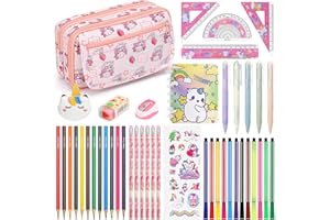 Osmikalo 45 Pièces Ensemble Papeterie Licorne Fille, Fourniture Scolaire Kawaii avec Trousse Licorne, Stylos, Feutres Coloriage & Crayons de Couleur, Cadeaux pour Filles 4 5 6 7 8 9 Ans, Rose