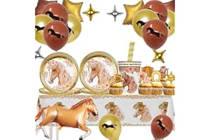 Aszaui 96 Stück Pferde Geburtstag Partygeschirr Set,Pferde Geburtstagsdeko,Pferd Pappgeschirr Pappteller Becher Tischdecke,Pferde Deko Kindergeburtstag,Pferd Party Zubehör für 16 Gäste