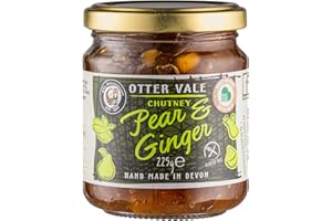 Otter Vale Pear and Ginger Chutney, pear fruitiness with great stem ginger flavour, hand-made in Devon, gluten-free, 225 g glass jar