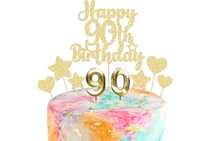 Gyufise 15Pcs Happy 90th Birthday Cake Topper Set with Heart Star Glitter Cheers to 90 Years Cake Picks Number 90 Candles Cake Decorations for Happy 90th Birthday Anniversary Party Supplies Gold