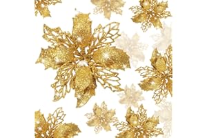 KAHEIGN 36 Piezas Flores de Nochebuena de Navidad, Brillo Oro Flores de Nochebuena Artificiales Adornos para árboles de Navidad por Boda Corona de Navidad Hogar Fiesta Decoración (3 Tamaño)