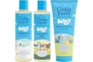 Childs Farm Bluey Regime Bundle | Bluey-Berry Bubble Bath (250ml), Hair & Body Wash (250ml) and Body Moisturiser (200ml) | Suitable for Newborns, Kids & Adults with Sensitive, Dry Skin