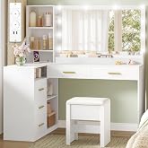 HEXCELEN Dressing Table with Stool Socket 40 &times; 120 &times; 139 cm White | Makeup Vanity with LED Mirror, Adjustable Brightness, Mak