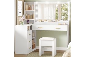 HEXCELEN Eck-Schminktisch mit Hocker, Schminktisch mit Großer Spiegel, Eck-Frisiertisch mit 5 Schubladen, Mehreren Offenen Staufächern, 40 × 120 × 139 cm, Weiß