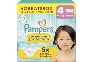 Pampers Premium Protection Size 4, 186 Nappies, 9 kg - 14 kg, Our No. 1 Skin and Leak Protection