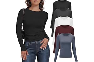 YOIOWVY 5er-Pack Damen Langarmshirts Basic-Shirts Schmal geschnitten Stretch Rundhals T-Shirts Atmungsaktive Unterziehshirts für Frauen Berufskleidung Unterhemden