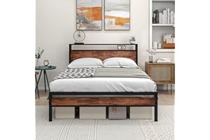 HOJINLINERO Double Bed Frame with Storage Wooden Headboard Shelf,Metal Platform Wooden Bed Frame Double Bed,No Box Spring Needed,Mattress Base,Reinforced Strong Metal Slats,Noise Free,Black+Brown