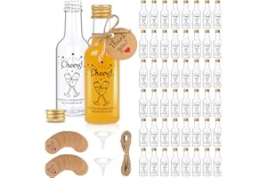 Fayavoo 50 Pack Miniature Alcohol Bottles, 50ml Resuable Small Plastic Bottles with Lids, Mini Empty Shot Bottles with Gold Screw Caps and Liquid Funnel, Mini juice shot bottles for Weddings, Parties