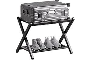 SMIBUY Bagażnik, składany bambusowy stojak na walizki z półką do przechowywania do pokoju gościnnego, sypialni, hotelu, Heavy-Duty (czarny)