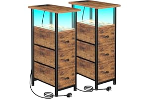 LOAKEKEL Slim Bedside Table Set of 2 with Charging Station, Narrow Side Table with LED Lights, Sofa Table with 3 Fabric Drawers, Nightstand for Small Spaces, Living Room, Bedroom, Brown UHETNDP03PLBR