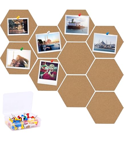 KAHEIGN 10 stuks prikbord, kurkplaat, zelfklevend, doe-het-zelf, kurkwand, multifunctionele toepassing voor fotohangers, thuisdecoratie en kantoorgeheugen - met 40 stuks kleurrijke pinspelden