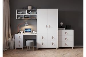 Fabryka Mebli Idźczak Kinderzimmer-Set Figo elegante Schrank Kinder Kommode Schreibtisch Wandregal Ledergriffe - Skandinavischer Stil Stillvolles Modern Design (Weiß/Weiß)