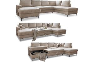 MIUFORM Cord Sofa U Form mit Schlaffunktion - Ecksofa mit Schlaffunktion und Bettkasten, Wohnlandschaft U Form, XXL Couch U Form, Big Sofa XXL, Eckcouch mit Schlaffunktion und Bettkasten, Ecksofa Beige Rechts
