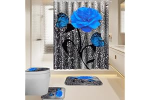BXFUL 4 Piece Waterproof Shower Curtain Set for Bathroom-Rose-Non-Slip Bath Mat and 12 Hooks,Curtain Set with Rug,Toilet Lid Cover Bathroom Decoration (Blue)
