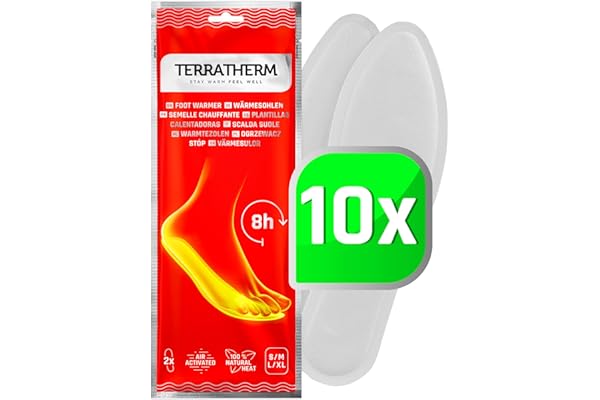 TerraTherm Plantillas Calentadoras - Activado por Aire - para 8 Horas de pies Calientes - 5, 10 o 30 Pares - 100% Calor Natural - Almohadillas Termicas