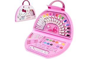 Hello Kitty Painting Art Set for Kids, Drawing Colouring Anime Stationery Art Supplies in Travel Carry Case, Kawaii Gifts for Girls (Pink Hello Kitty)