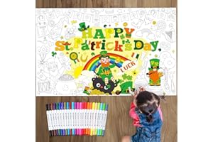 Faccito St. Patricks Day Giant Coloring Poster for Kids with 24 Colors Markers Lucky Shamrocks Coloring Tablecloth Clover Irish Day Paper Table Cover for Kids Home School Activity