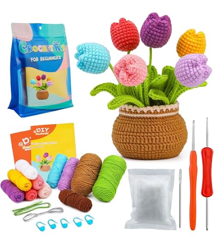 Imcrasy Kit all'uncinetto per principianti con lezioni video passo dopo passo, 6 pezzi di piante in vaso e piante grasse kit all'uncinetto con accessori (40%+ filato