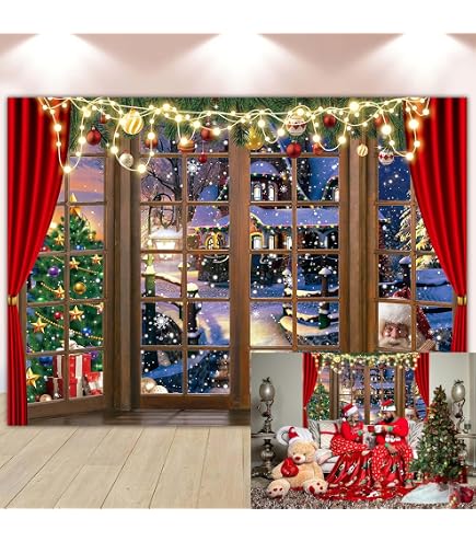 Toile De Fond Photo Noël 150x100 Cm – Paysage Neigeux Et Fenêtre Rouge, Décoration Fête Et Studio