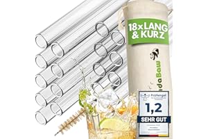 PandaBaw® Strohhalme Glas [BIG PACK mit REZEPTE] - 18x Glasstrohhalme Lang 21.5cm & Kurz 15cm - Trinkhalme Glas Strohhalm Wiederverwendbar - BPA freie Glashalme bruchsicher mit Beutel & Bürste