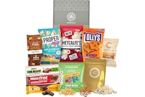 A AMOUSA Vegan Hamper – This Vegan Snack Box & Vegetarian Hamper includes 10x items, featuring chocolate, popcorn, nuts, sweets & pretzels. Gifts for Vegans