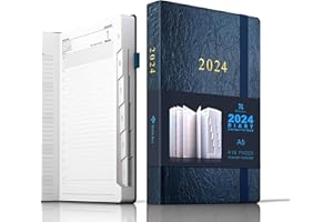DeDe Bee 2024 Diary Day to Page A5 Academic Diary Planner & Monthly Plan Total 416 Pages, Inner Pocket, Elastic Closure, Hard Cover Blue