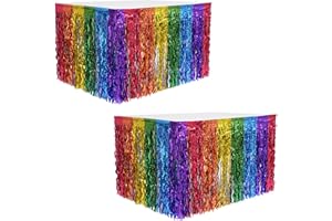 Moerstar Rainbow Party Decorations, 2Pcs Rainbow Table Skirt Pride Decorations Colorful Foil Fringe Tinsel Table Skirts for Pride Party Birthday Wedding Decoration