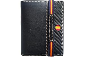 Hispapiel Cartera Hombre pequeña con Bandera de España. Billetera de Piel Negra Caballero, Tarjetero Monedero de Cuero auténtico. Made in Spain (Vertical 2)