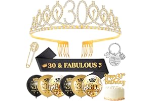 SWPEED 30th Birthday Decorations,30th Birthday Gifts for Women,30th Birthday Sash and Tiara,Gold Rhinestone Birthday Crown Tiara,Birthday Sash,30th Birthday Balloons Cake Topper,Keyring for 30 Birthday Party