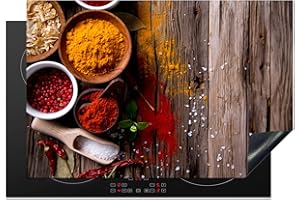 KitchenYeah© Protège Plaque Induction 77x51 cm Deco Cuisine Accessoire Pratique Protection De Vitroceramique Kitchen Gadget Herbes - Épices - Bois - Marron - 77x51 cm