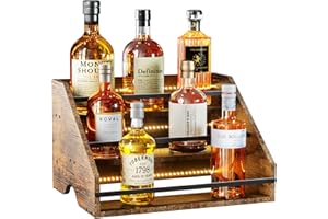 Nuovoware Présentoir de Bouteilles de Liqueur Éclairé LED, Présentoir de Bouteilles de Liqueur en Bois 3 Niveaux avec Poignées Portables, Présentoir de Bouteilles de Whisky 12 Bouteilles, Marron