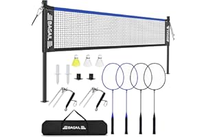 BAGAIL Professionelles Badmintonnetz-Set, TurnierschANDARD 6,1m x 1,55m, Allwettertauglich PE-Netz, 5-Minuten-Montage, Mit 4 Schlägern, 3 Schittern und Tragetasche