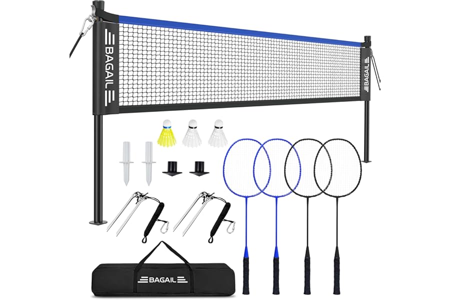 BAGAIL Outdoor Badminton Net Set with Anti-Sag Winch System - Official Size 6.1x1.55m, 4 Rackets, 3 Badminton Balls, Durable PE Net and Carrying Bag for Backyard, Beach and Family Games