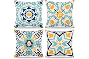 Dremisland 4 Piezas Funda de Cojín Exterior Impermeable Lino Estampado Floral Fundas de Almohada Decorativa Boho Cojín Cubierta para Habitacion Patio Jardín Balcón Sofá, 45x45cm